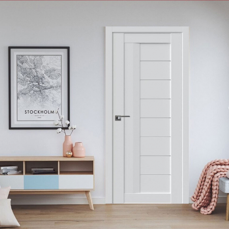 Купити міжкімнатні двері VM - 17 UV-lack Blanco, скло extra white + молдинг алюмінієвий дверний бум